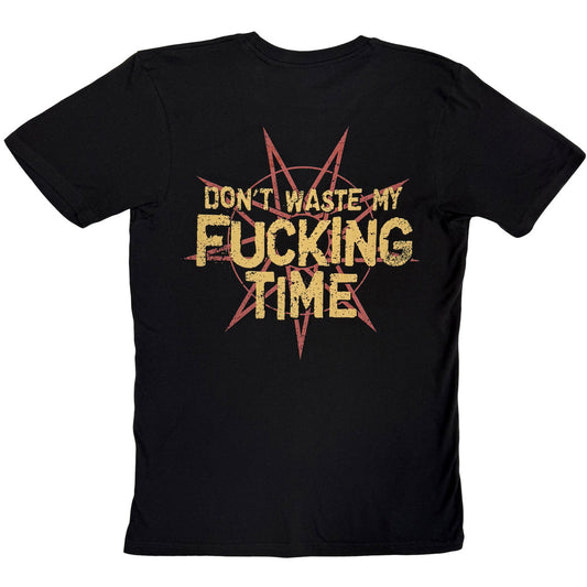 Rockoff T-shirt Slipknot - Fuck me Up (Unisex) har en fed gul "DON'T WASTE MY FUCKING TIME"-tekst på sort med en rød stjerne med spidser - perfekt edgy merch til Slipknot-fans.