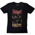 Indlæs billede i Gallery viewer, Rockoff T-shirt Slipknot - Fuck me Up (Unisex) har Slipknots logo, maskerede medlemmer og en fed rød og gul "FUCK FUCK FUCK ME UP"-tekst - ideel til fans og samlere af ikonisk bandmerchandise.