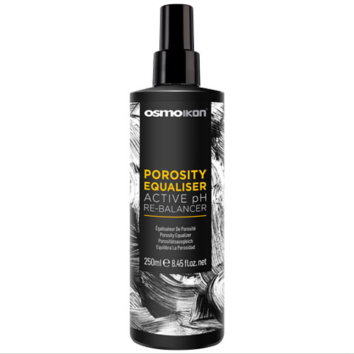 En sort 250 ml sprayflaske mærket "Porosity Equaliser / Udjævner til hårporøsitet" fra Crazy Color med hvid og gul tekst vises mod en hvid baggrund som en leave-in-kur til effektiv behandling af porøsitet.