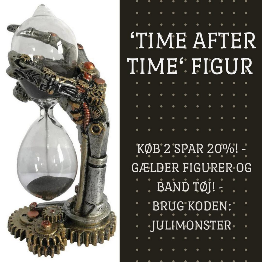 Et timeglas i steampunk-stil med mekaniske gear og udsmykkede metalværker. Baggrunden har tekst på dansk med 20% rabatkode på figurer og tøj.