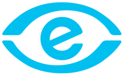 Et stiliseret blåt øje-logo med det lille bogstav "e" i midten, der ligner en iris.