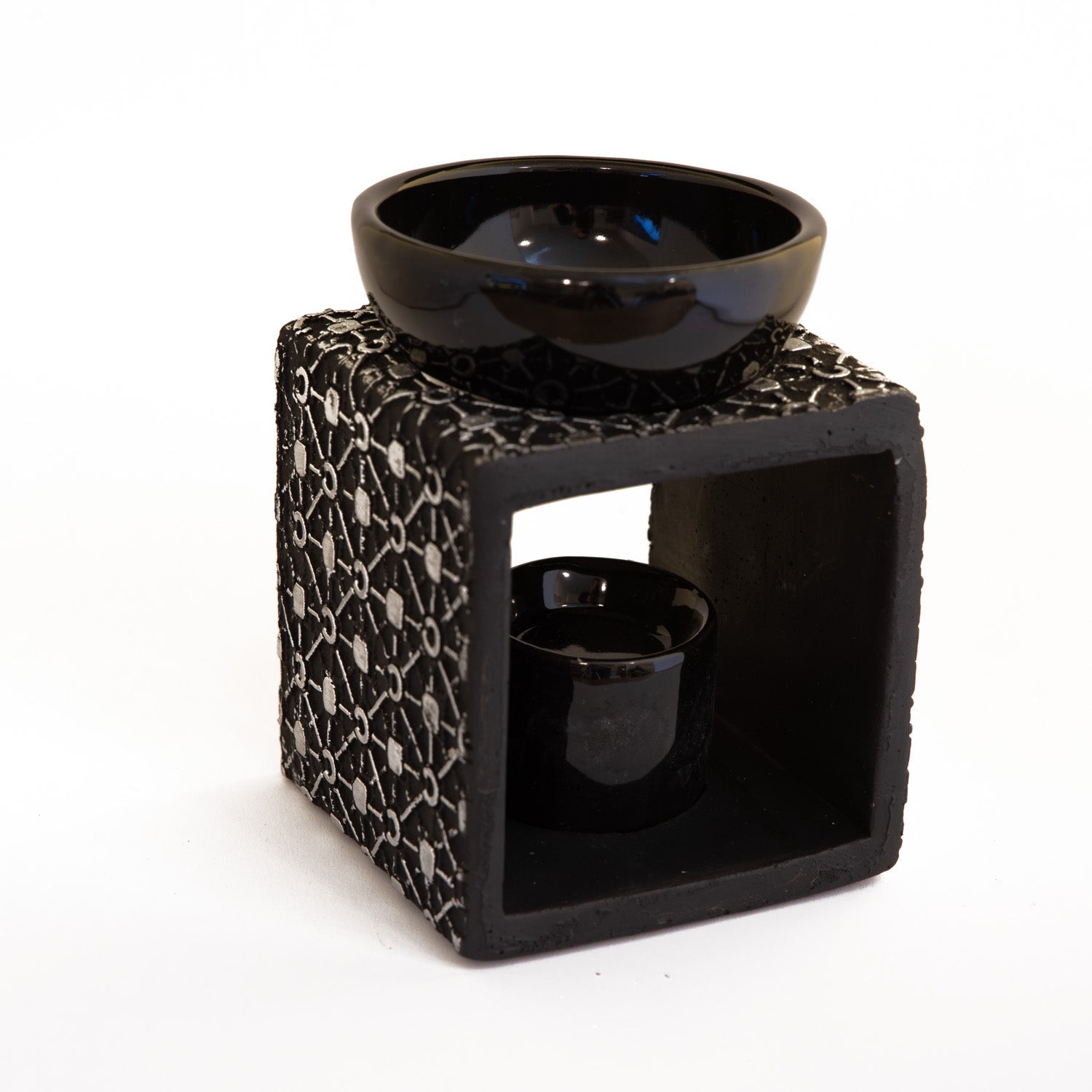 Oliebrænder Sort Med hvidt mønster - Fatima.Dk