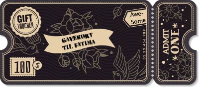 Gavekortet til Fatima fra Fatima.Dk kan prale af en vintage stil med blomster- og kolibridesigns i goth punk emo tøj flair. Den har "Gave Voucher", "Awesome", "100 $" og "Admit One" tekst, alle fremhævet af lyse farver mod en mørk baggrund.