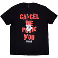 Indlæs billede i Gallery viewer, T-shirten Falling in Reverse - World Burn (Unisex) fra Rockoff fremviser fed rød og hvid "CANCEL ME F**K YOU"-tekst i en bedrøvet skrifttype med en gestusende hånd i midten og "FALLING IN REVERSE" forneden, hvilket gør den vigtig for enhver fan.
