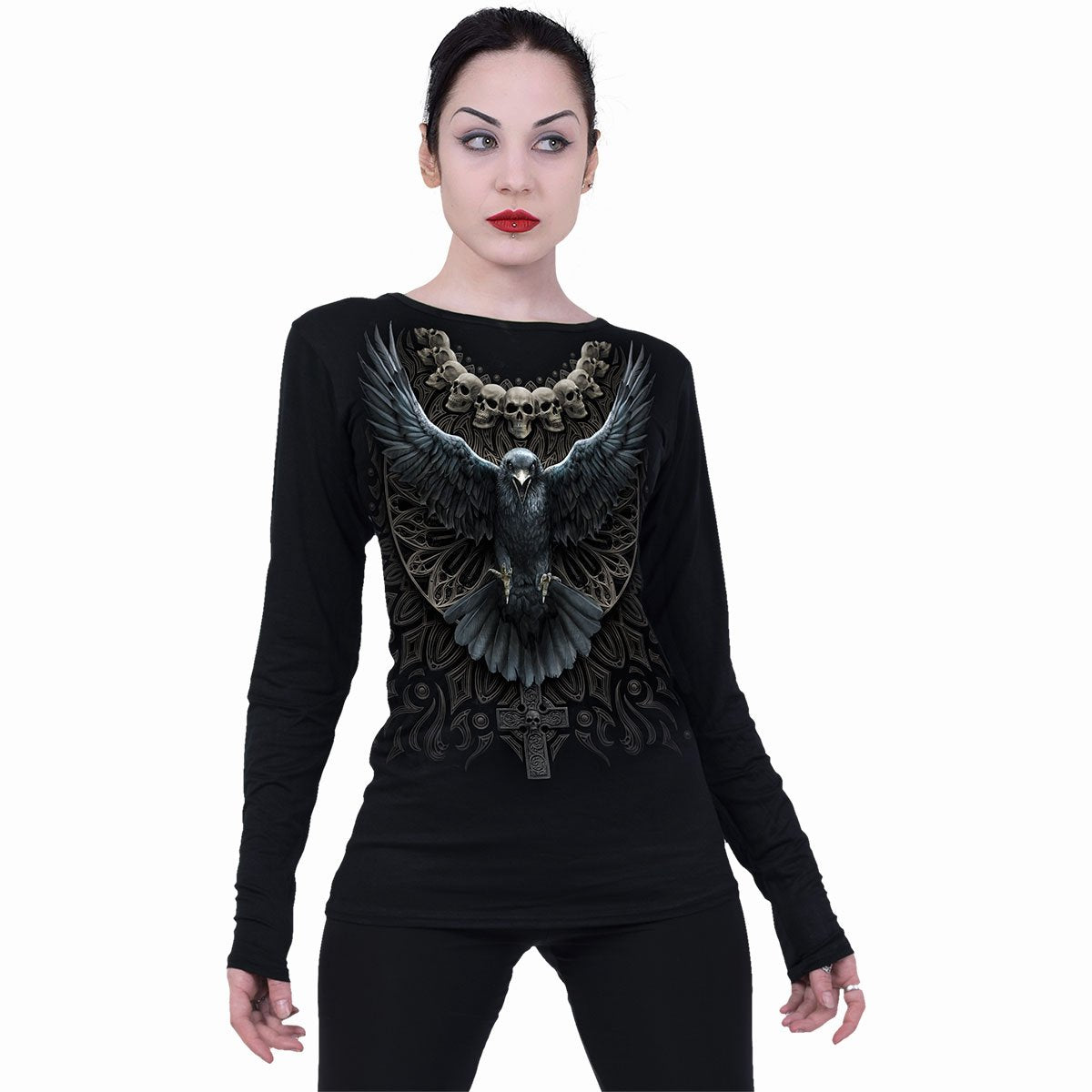 Langærmet T-shirt Spiral Raven Skull