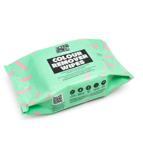 Crazy Color Color Remover Wipes / Farvefjerner kommer i en mintgrøn pakke med pink accenter og fed tekst. Disse biologisk nedbrydelige klude er perfekte til skånsom hårfarvefjerning på farten.