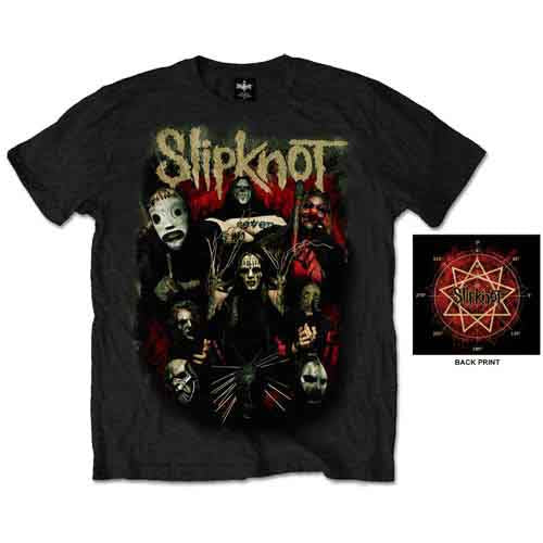 T-shirt Slipknot - Come Play" fra Rockoff er en unisex sort t-shirt med billeder af bandmedlemmer i masker, bandets gule navn på toppen, et rødt design og Slipknot-logoet på bagsiden. Perfekt bandmerchandise til enhver fans samling.