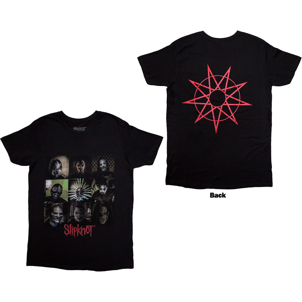 Set forfra og bagfra af Rockoff T-shirt Slipknot - Blocks (Unisex). Forsiden har maskerede ansigter med "Slipknot" i rødt, bagsiden viser et rødt enneagram-symbol. Ideel til varesamlere i Danmark.