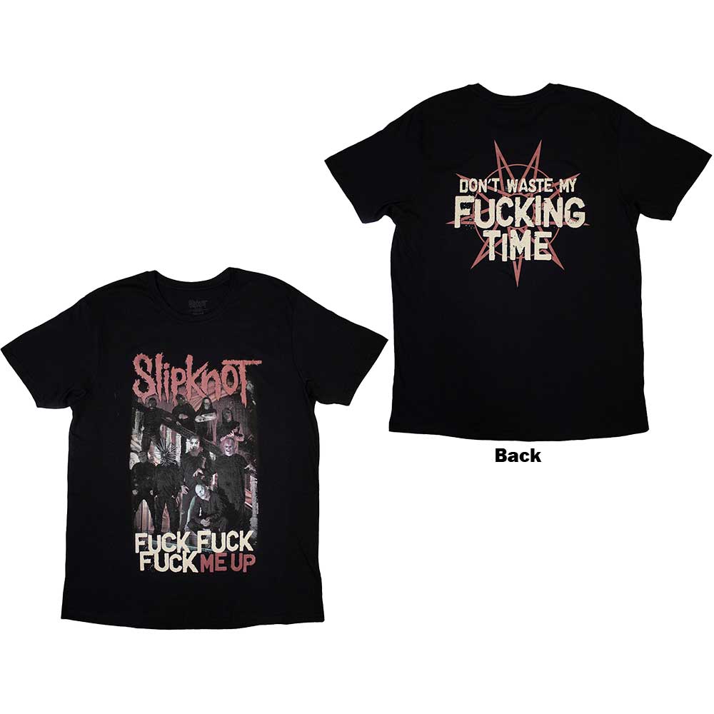 Rockoff T-shirt Slipknot - Fuck Me Up (Unisex) har et fedt design: bandmedlemmer og "FUCK FUCK FUCK ME UP" tekst på forsiden, mens bagsiden siger "DON'T WASTE MY FUCKING TIME" med en rød stjerne. Ideel til fans, der søger edgy, statement-skabende bandbeklædning.