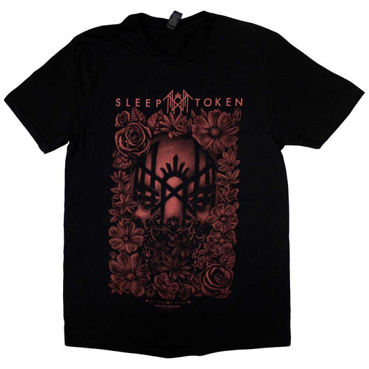 Unisex T-shirt fra Rockoff med navnet "Sleep Token - The Black Heart" i sort, med en rød stiliseret maske omkranset af roser med "SLEEP TOKEN" dristigt vist ovenfor, ideel til Sleep Token-fans.