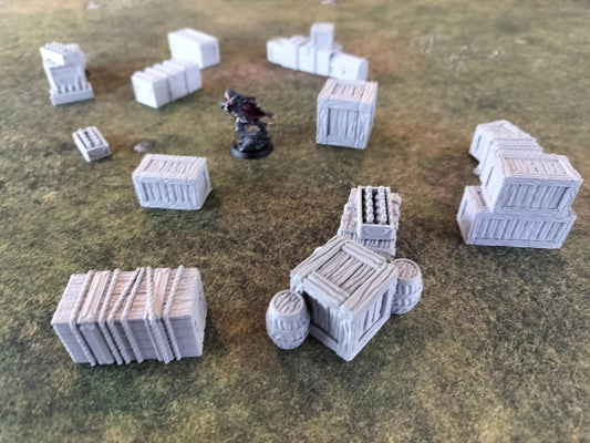 Scatter terrain med kasser og transportkasser til 28/32 mm miniaturer
