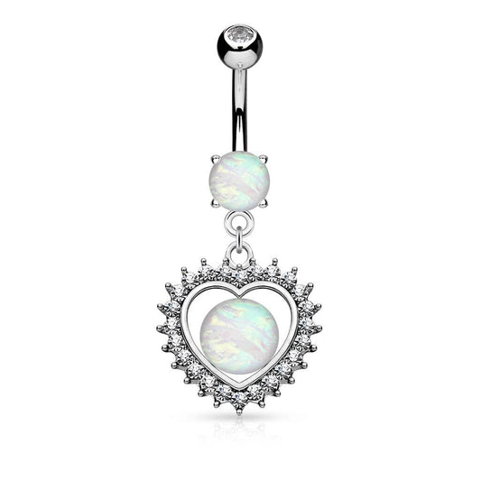 Navlepiercing Opal Heart m. Sten - 316L Kirurgisk Stål - Fatima.Dk